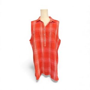 🧡🤍 EUC SONOMA Orange & White Sleeveless Plaid Button-Down Shirt | Sz XL